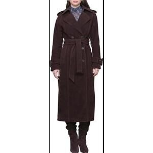 New Avec Les Filles Double Breasted Faux Suede Trench Coat In Chocolate M $259
